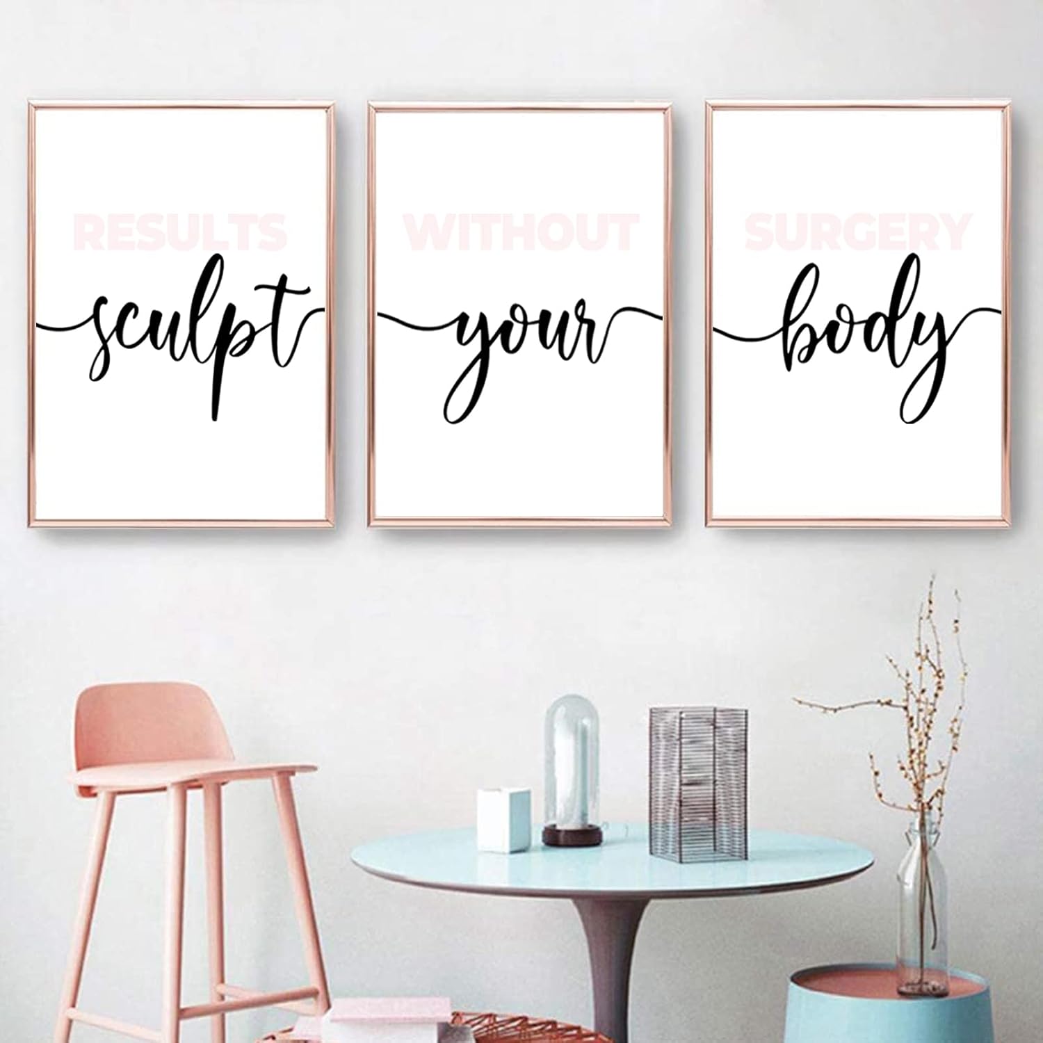 Juego de 3 arte de pared de spa, color rosa rubor, esculpir el cuerpo, decoración de pared, imágenes de salón de spa, arte de pared y arte de pared