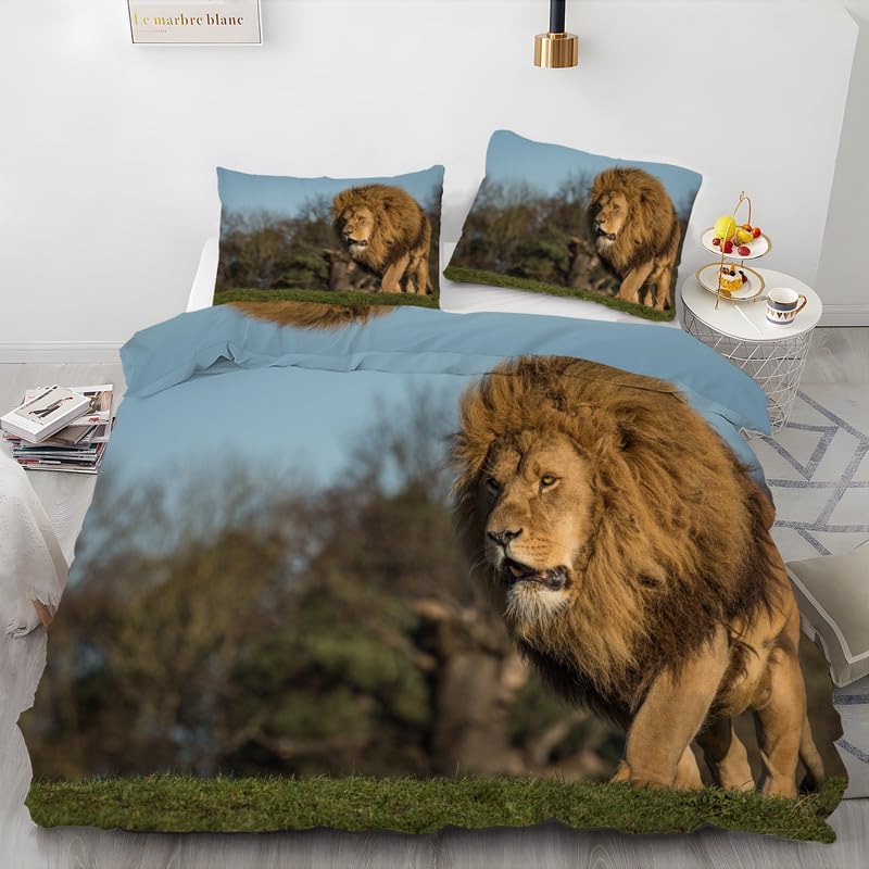 Juego de funda de edredón de león azul, tamaño Queen, con estampado de animales, funda de edredón de microfibra suave y 2 fundas de almohada de 20 x
