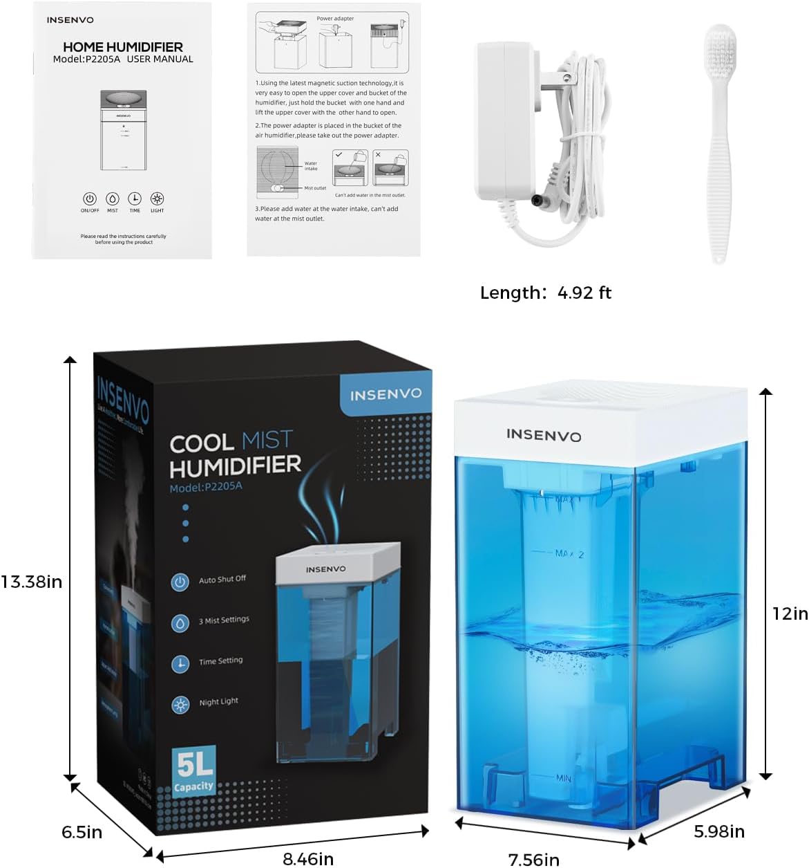 Humidificador de llenado superior, humidificador de niebla fría de 5 litros con control táctil, ultrasónico ajustable 3 salidas de niebla, 3