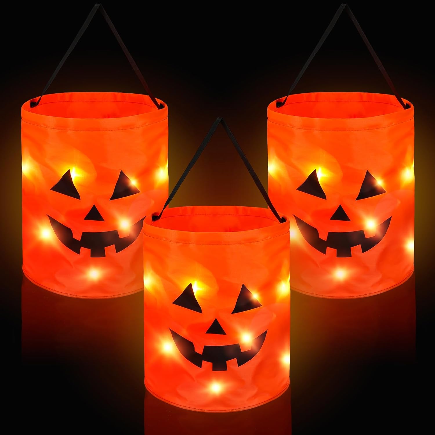 Bolsas de Halloween con luz LED para trucos o tratos, cubo de calabaza iluminada, bolsa de dulces de Halloween con cara de calabaza sonrisa, cubo de