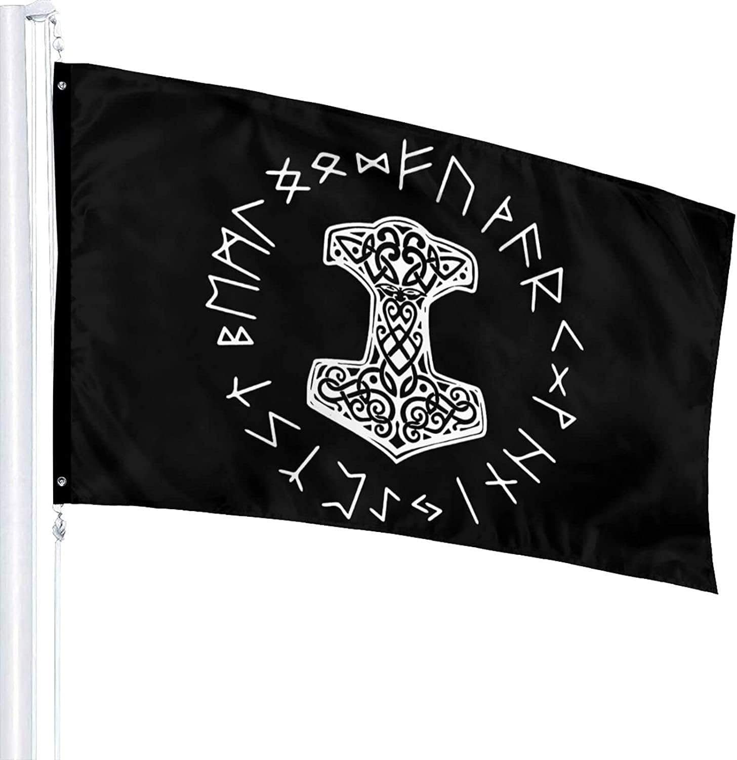 Vikings Mjolnir and Rune Wheel – Bandera nórdica para exteriores e interiores y exteriores, decoración de casa, bandera duradera para jardín