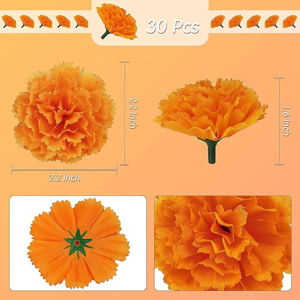30 flores artificiales de caléndula, cabezas de flores de caléndula de seda a granel, decoraciones de flores de caléndula naranja para festivales
