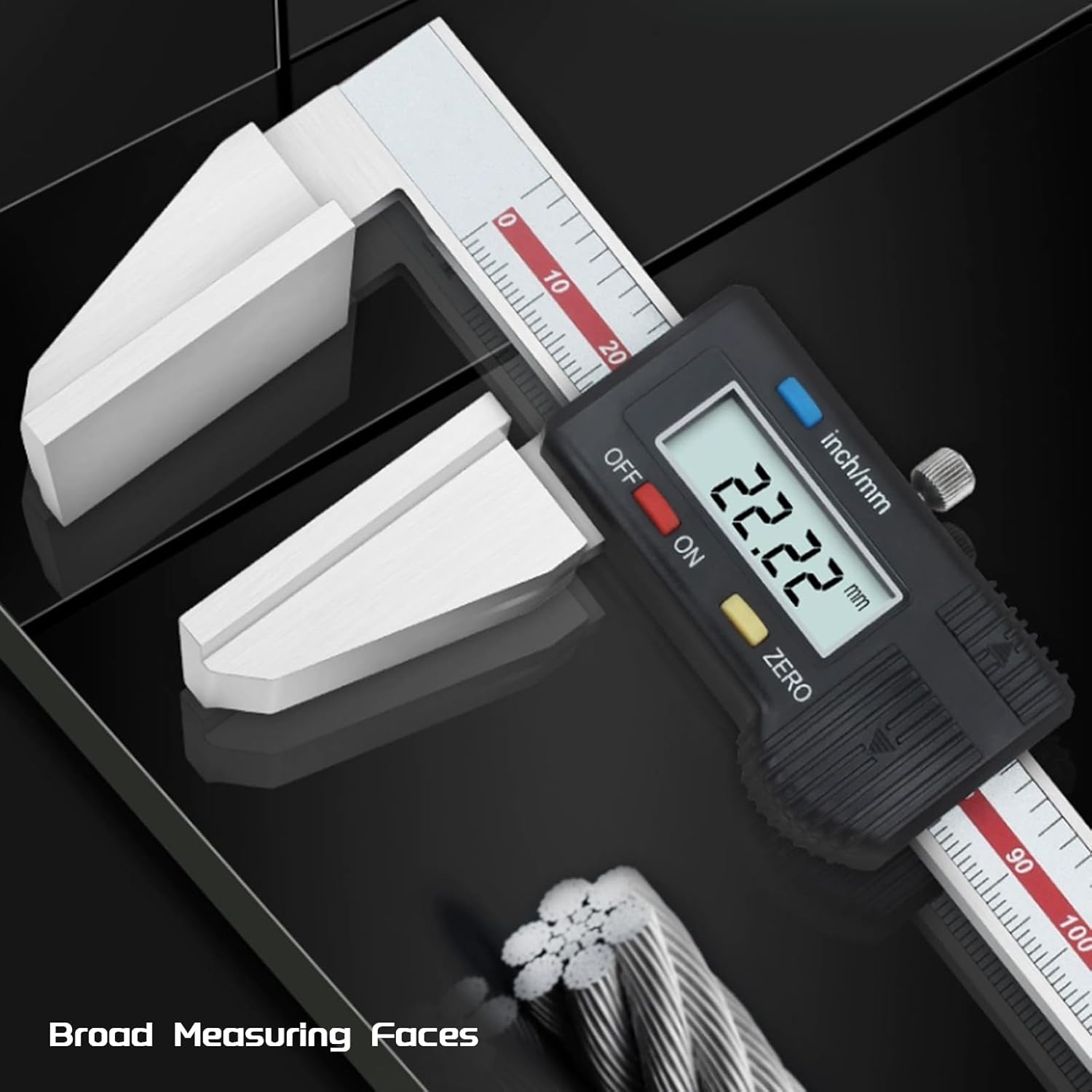 Pinza Vernier digital para cuerda de alambre, pinza Vernier de acero inoxidable de superficie ancha con pantalla LCD grande, fácil cambio de pulgada