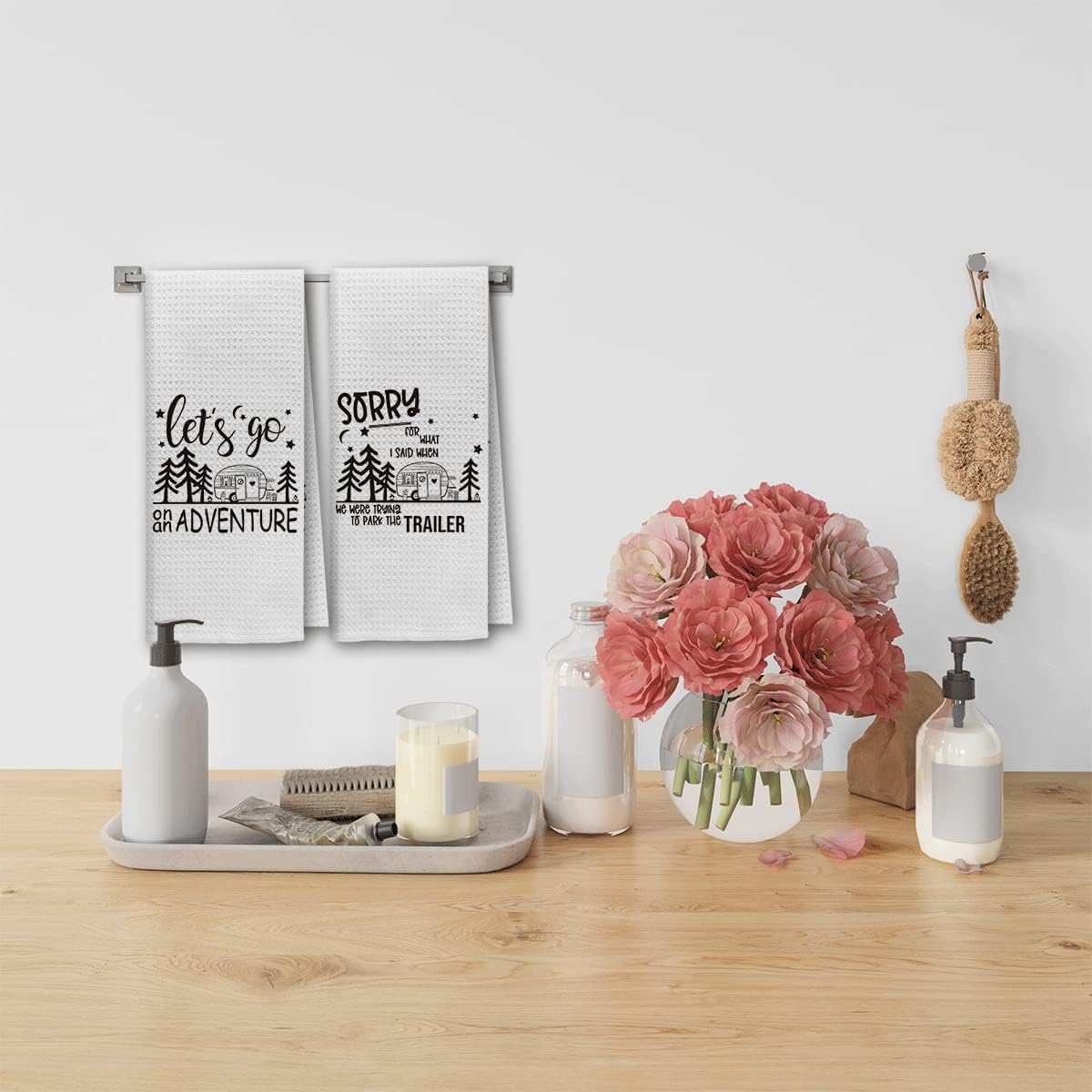 Dibor Juego de 4 paños de cocina divertidos de bienvenida a nuestra caravana, juego de 4 paños de cocina, paños de secado absorbentes decorativos