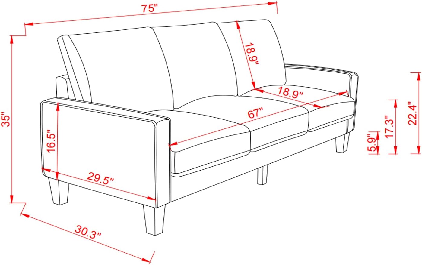 Sofá moderno de tela de 3 plazas de 75 pulgadas, con caja de almacenamiento, con capacidad de peso de 800 libras para sala de estar, dormitorio,