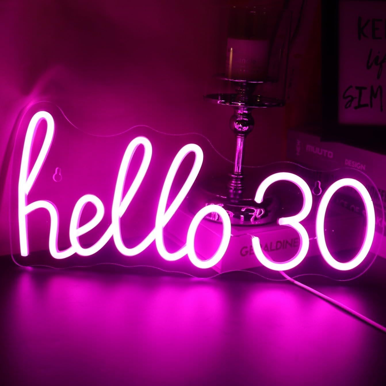 Letrero de luz LED de neón rosa con texto en inglés Hello 30 para niñas, decoración de fiesta de 30 cumpleaños, sala de estar, regalo de cumpleaños