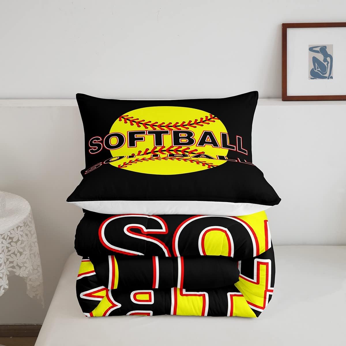 Erosebridal Juego de ropa de cama de béisbol para niños y niñas, edredón de sóftbol matrimonial, edredón amarillo de plumón de sóftbol para