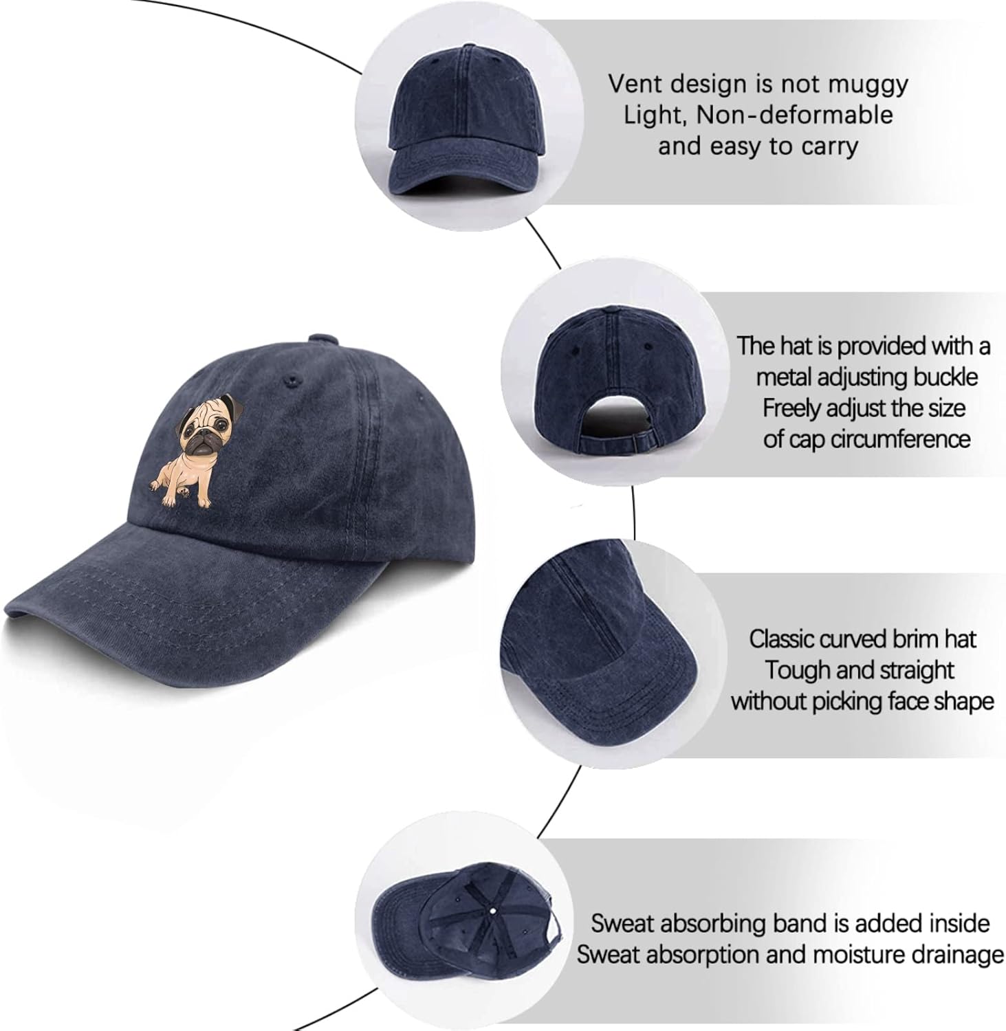 Sombreros Pug Dog Dad Sombrero para Hombre Vintage Denim Gorra de béisbol ajustable