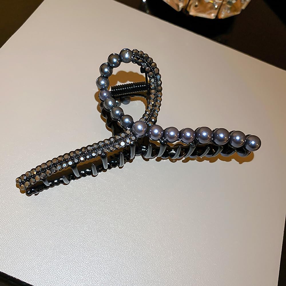 Pinza grande para el cabello con perlas y diamantes de imitación, pinza de mandíbula para el cabello negro, pinza antideslizante para el cabello,