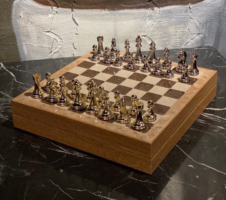 Juego de ajedrez de lujo para adultos, piezas de ajedrez de metal con peso de metal, tablero de ajedrez de madera personalizado con almacenamiento