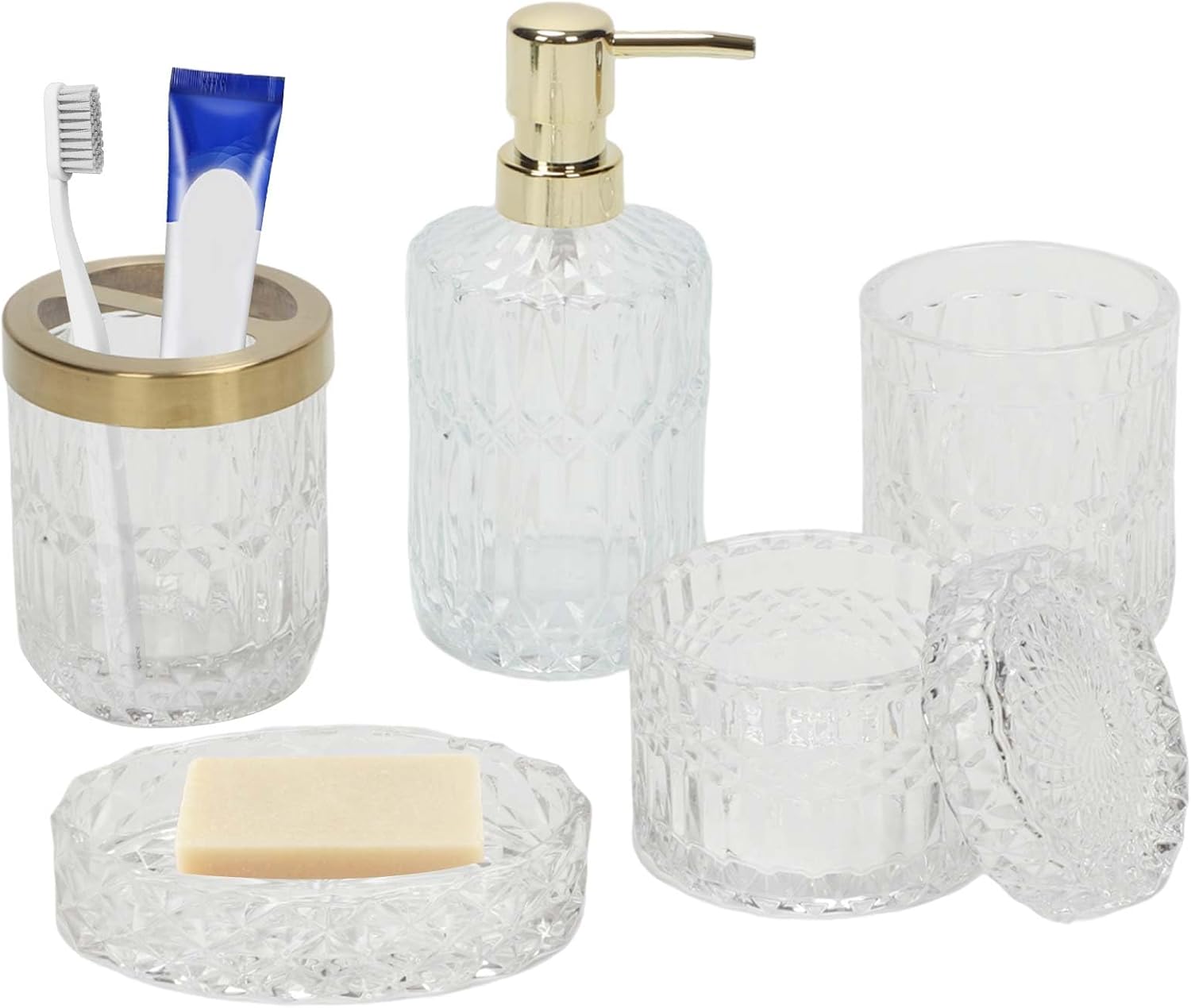 Juego completo de 5 accesorios de baño blancos, soporte para cepillo de dientes, vaso, dispensador de loción, jabonera, frascos de hisopos de
