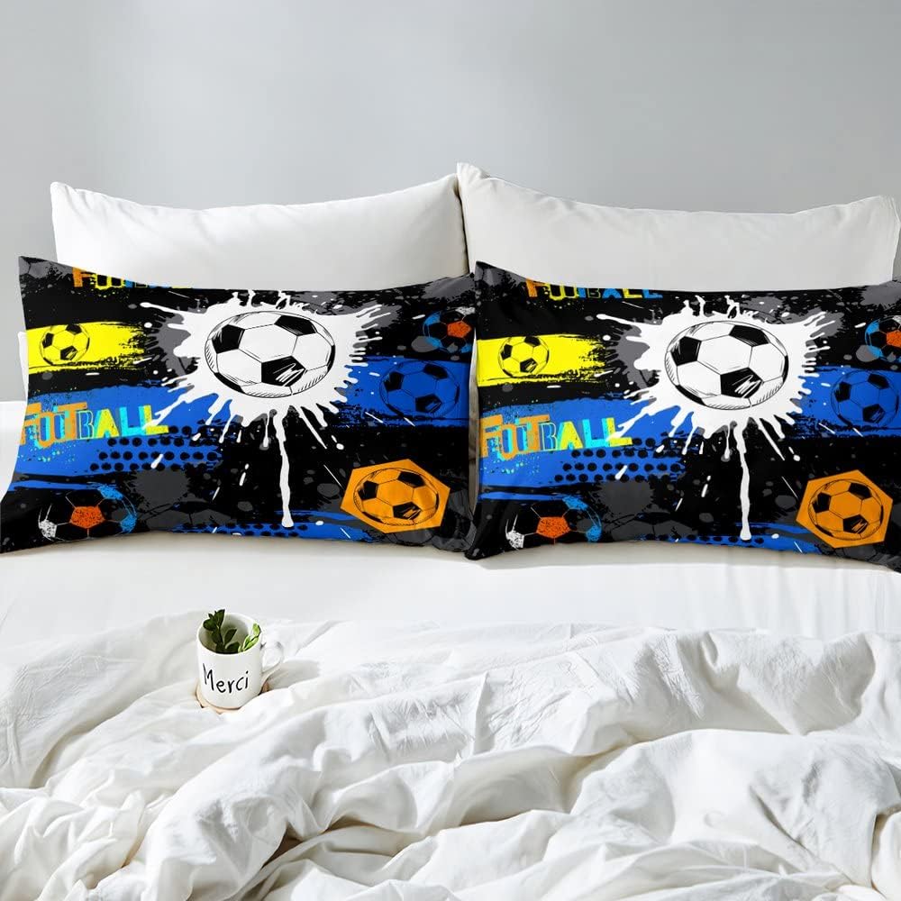 Feelyou Juego de edredón de fútbol deportivo para niños, niñas, adolescentes, decoración azul, teñido anudado, juego de edredón de fútbol de juegos