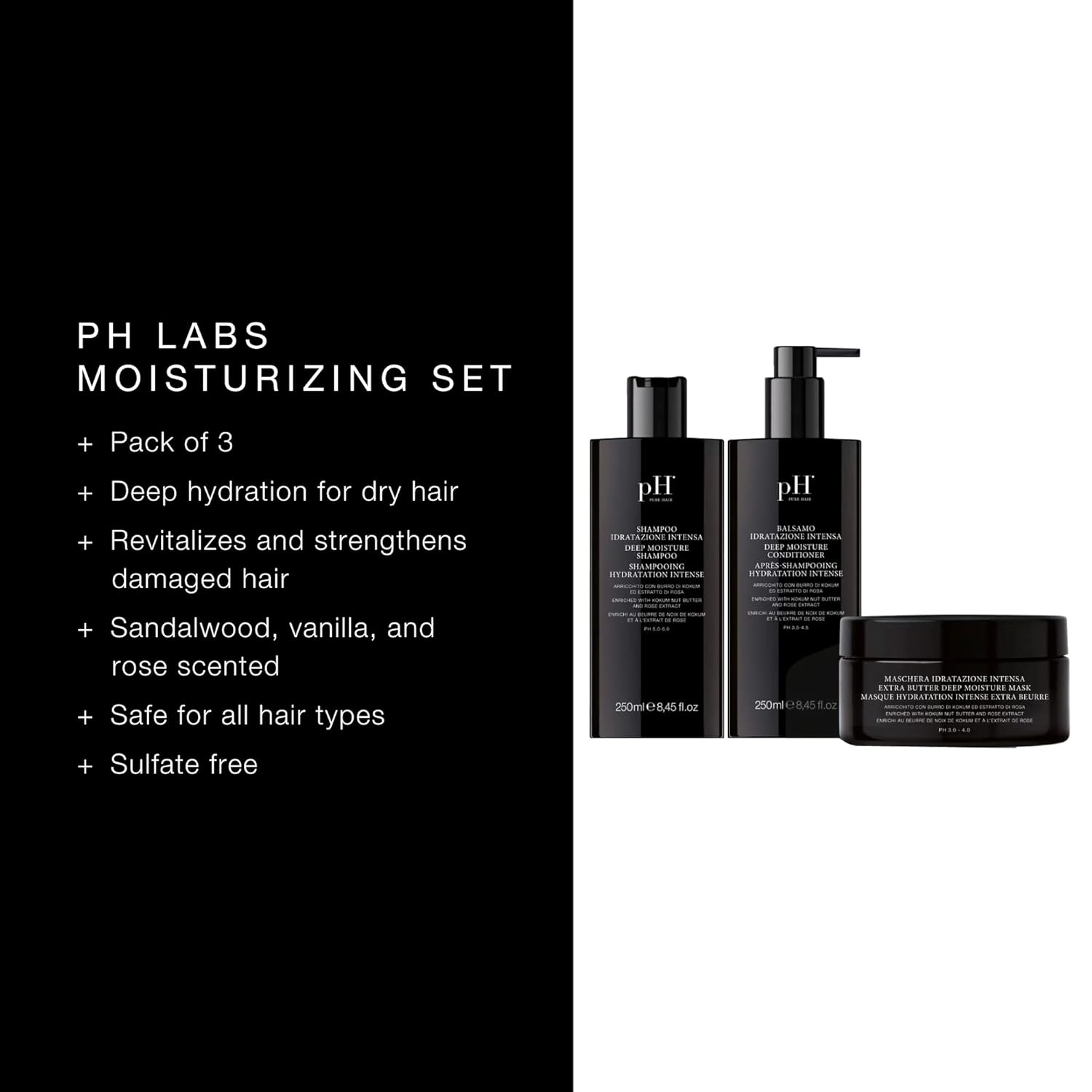 PH Labs Moisturizing and intense hydrating Set – Deep Moisturizing Shampoo and Conditioner with Hydrating Hair Mask for Damaged and Dry Hair – 3