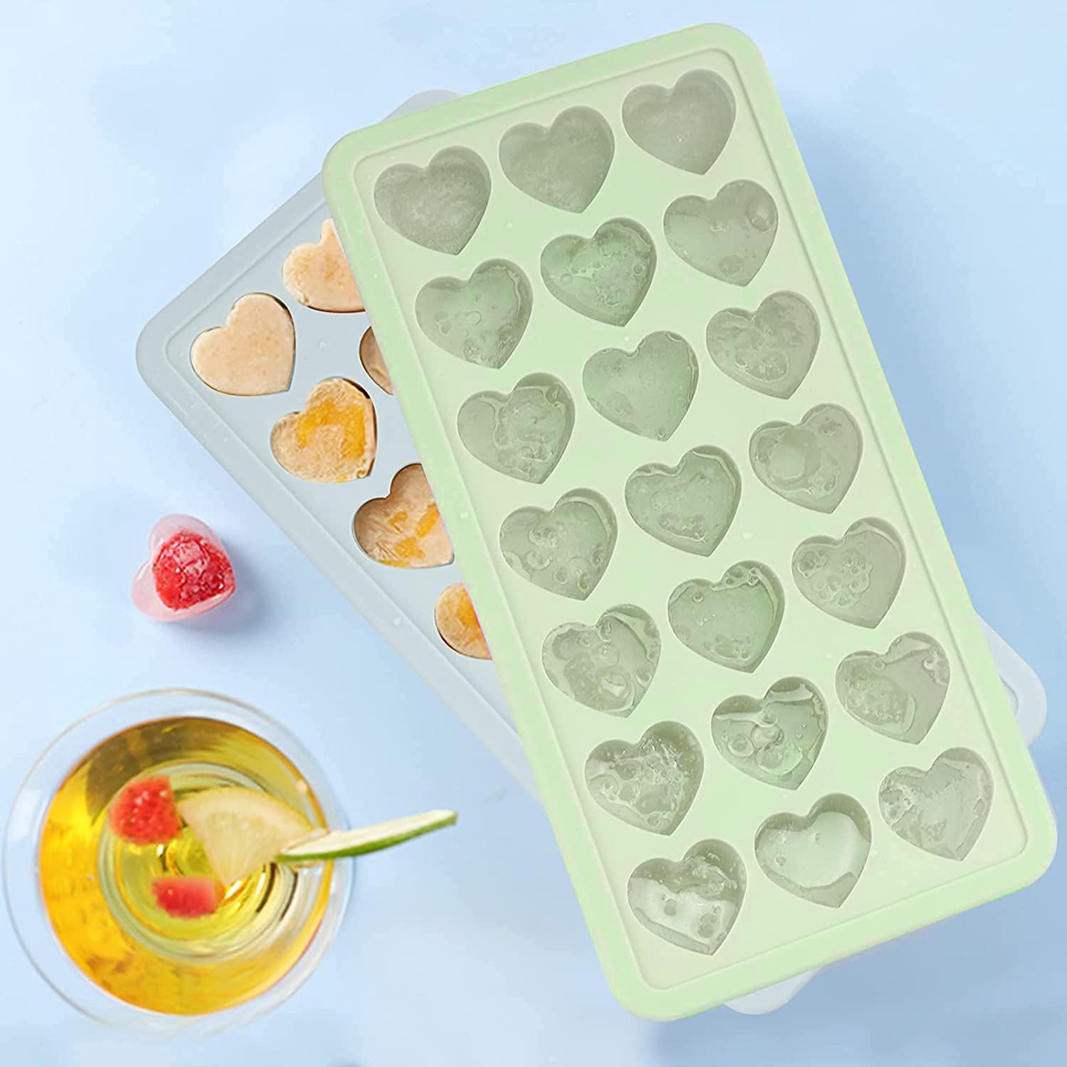 Paquete de 2 bandejas de cubitos de hielo con tapa con forma de corazón, moldes de hielo en forma de corazón, moldes de silicona de 42 agujeros para