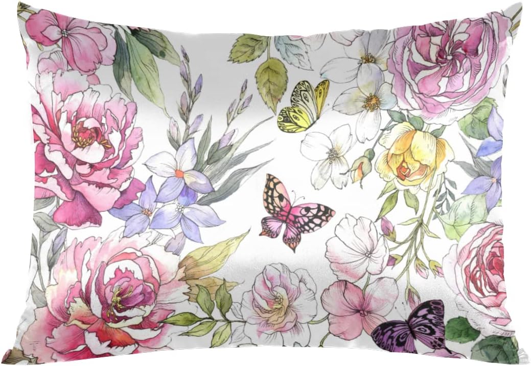 Funda de almohada de satén de mariposa para cabello y piel, funda de almohada de seda de peonía y flores con cremallera, funda de almohada sedosa