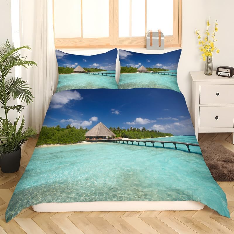 Azure Beach – Juego de funda de edredón con estampado de vista completa, funda de edredón de microfibra suave y 2 fundas de almohada de 20 x 26