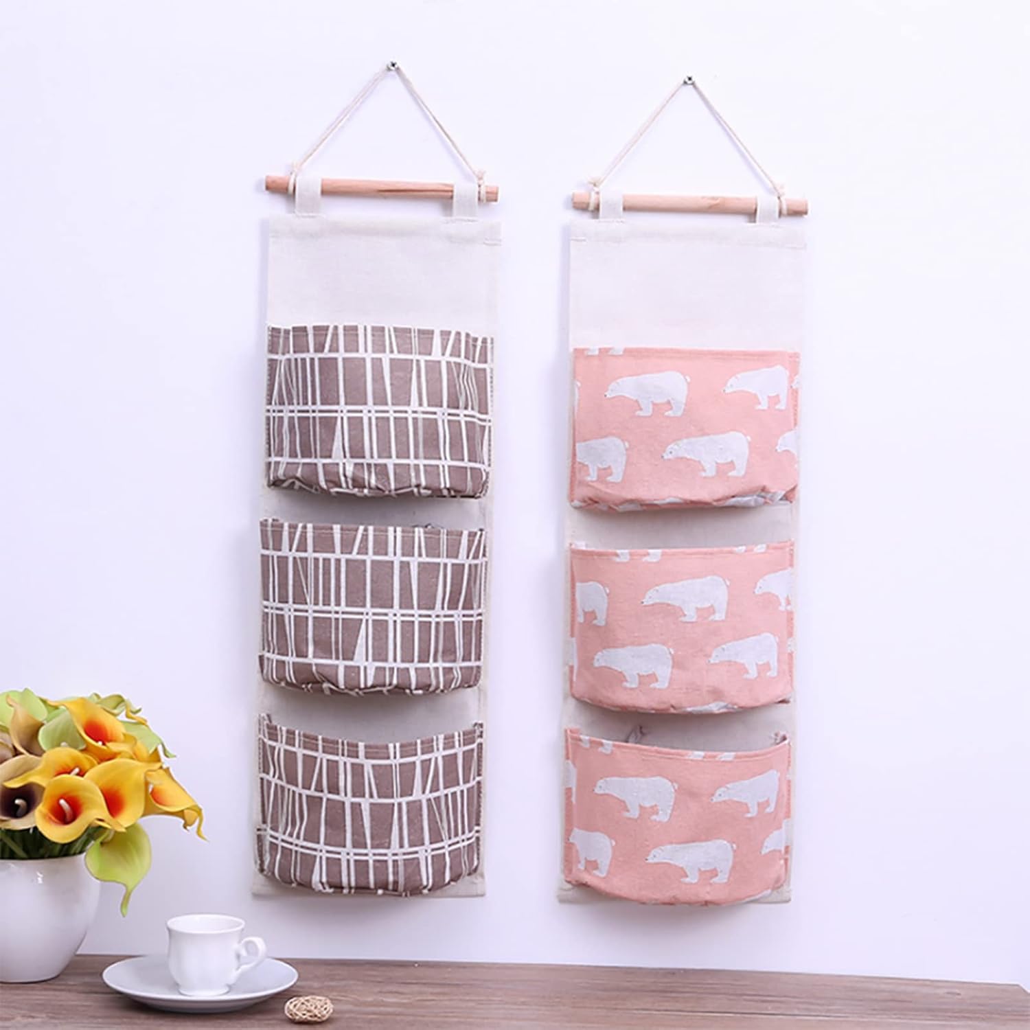 SEIWEI Bolsa de almacenamiento para colgar en la pared, organizador de tela de lino impermeable sobre la puerta con 3 bolsillos para dormitorio,