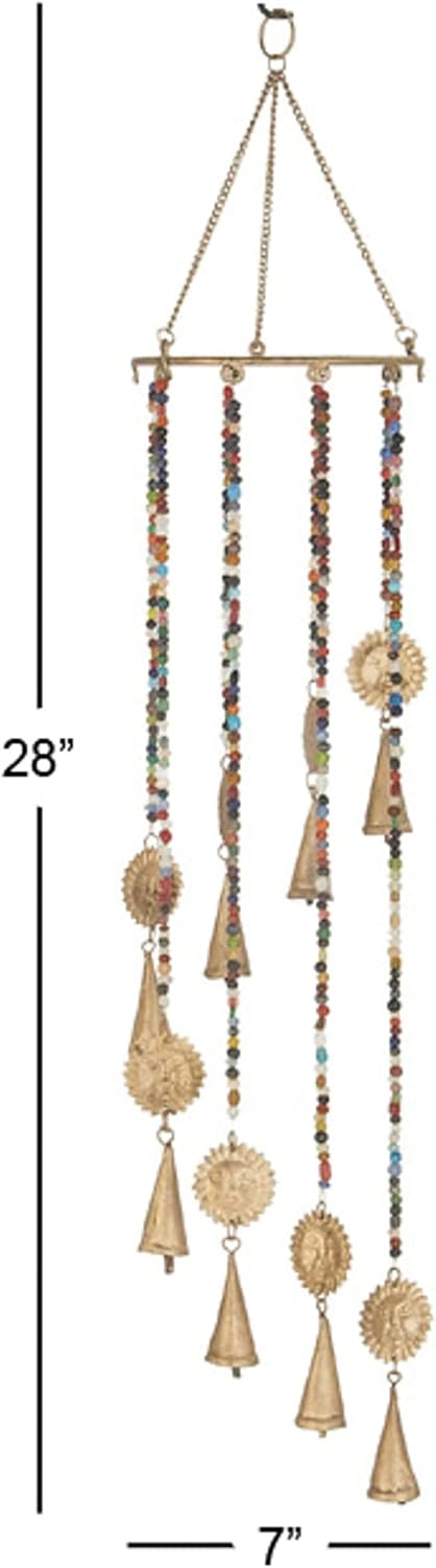 Deco 79 Carillón de viento de metal con cuentas de vidrio y campanas de cono, 7 x 7 x 28 pulgadas, dorado