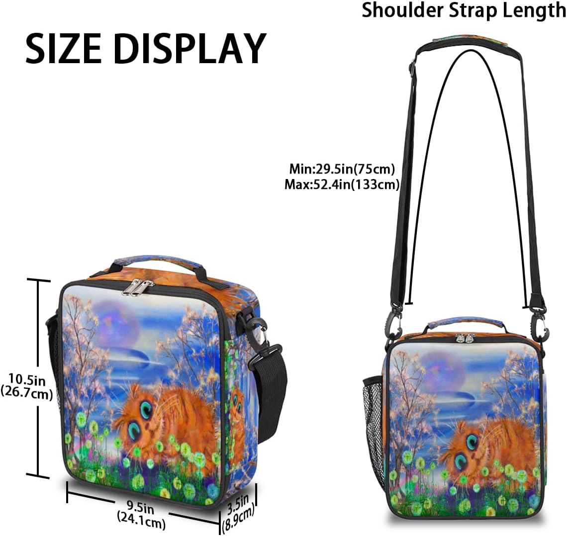Lonchera con diseño de gato rojo en dientes de león, bolsa de almuerzo aislada para mujeres y hombres, lonchera congelable con correa ajustable para