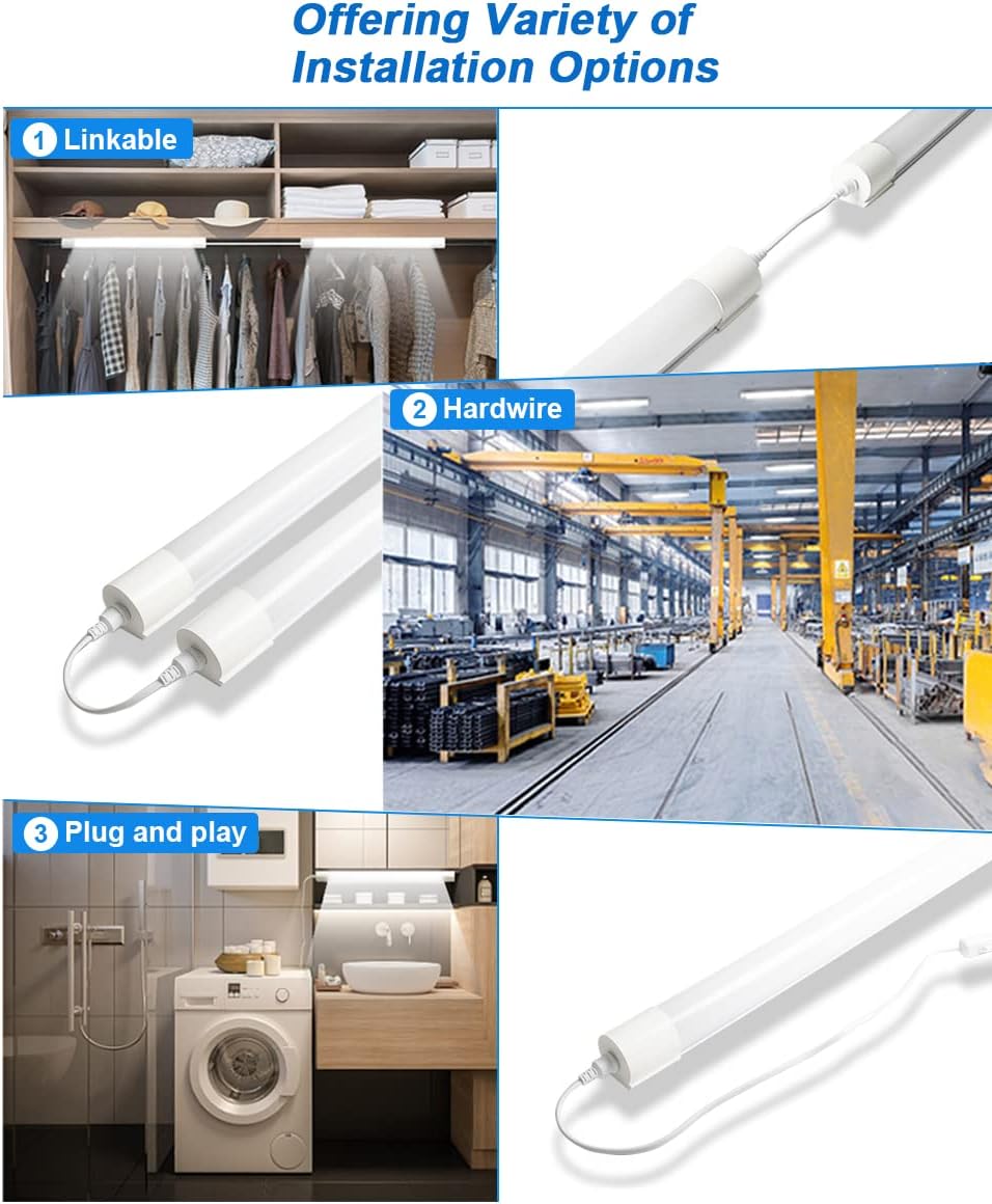 2 lámparas LED de techo de 2 pies con enchufe, luces de tubo de 5000 K debajo del gabinete, luz LED brillante de garaje con interruptor de
