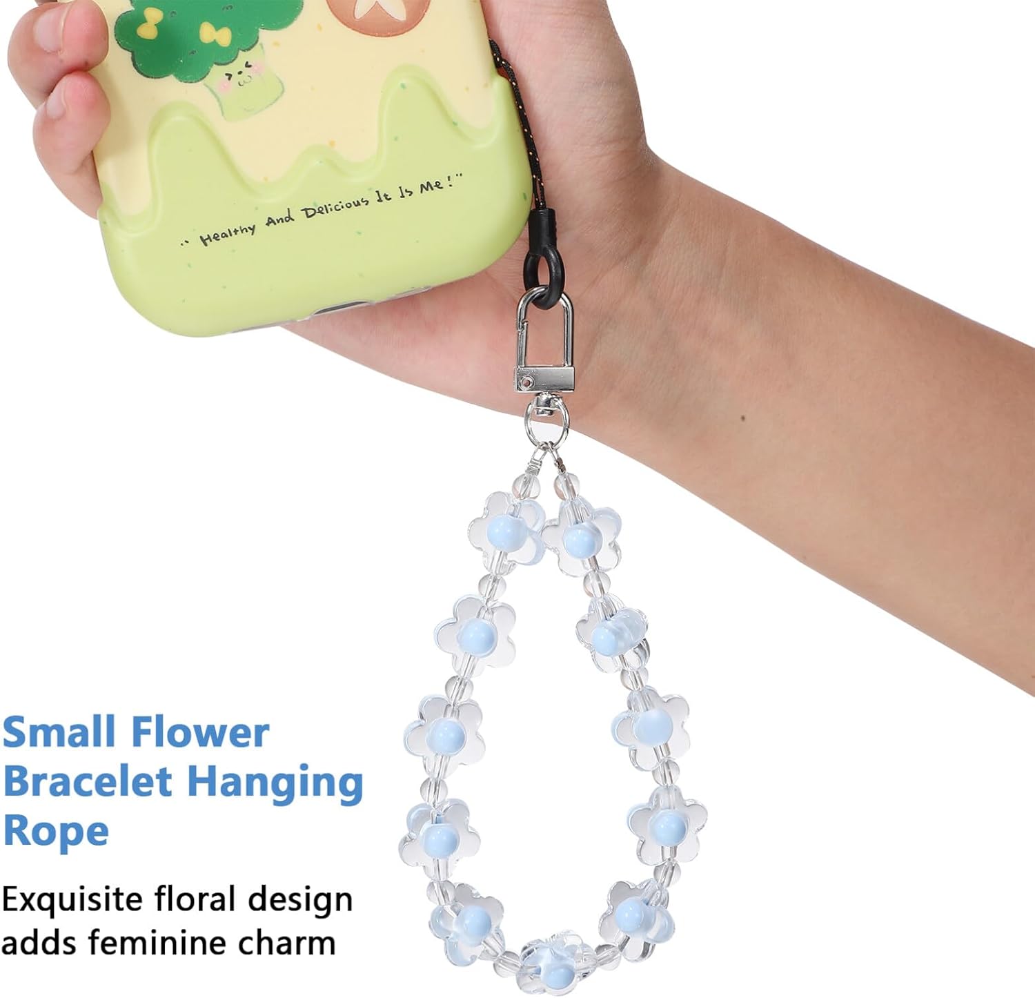 UKCOCO 2 correas de muñeca con cuentas para teléfono, bonitos dijes de flores para teléfono, llavero antipérdida para mujeres y niñas, Acrílico, No