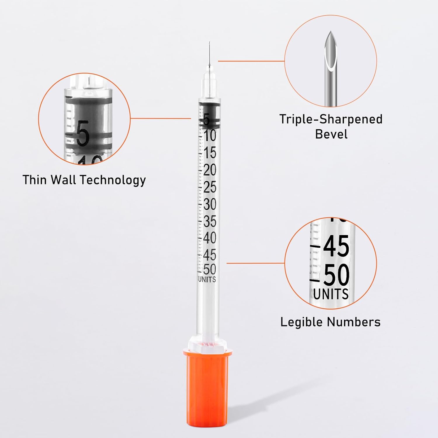 Jeringa 31G de 0.5cc 14 pulgada (0.236 in) con aguja, envuelta individualmente, paquete de 100