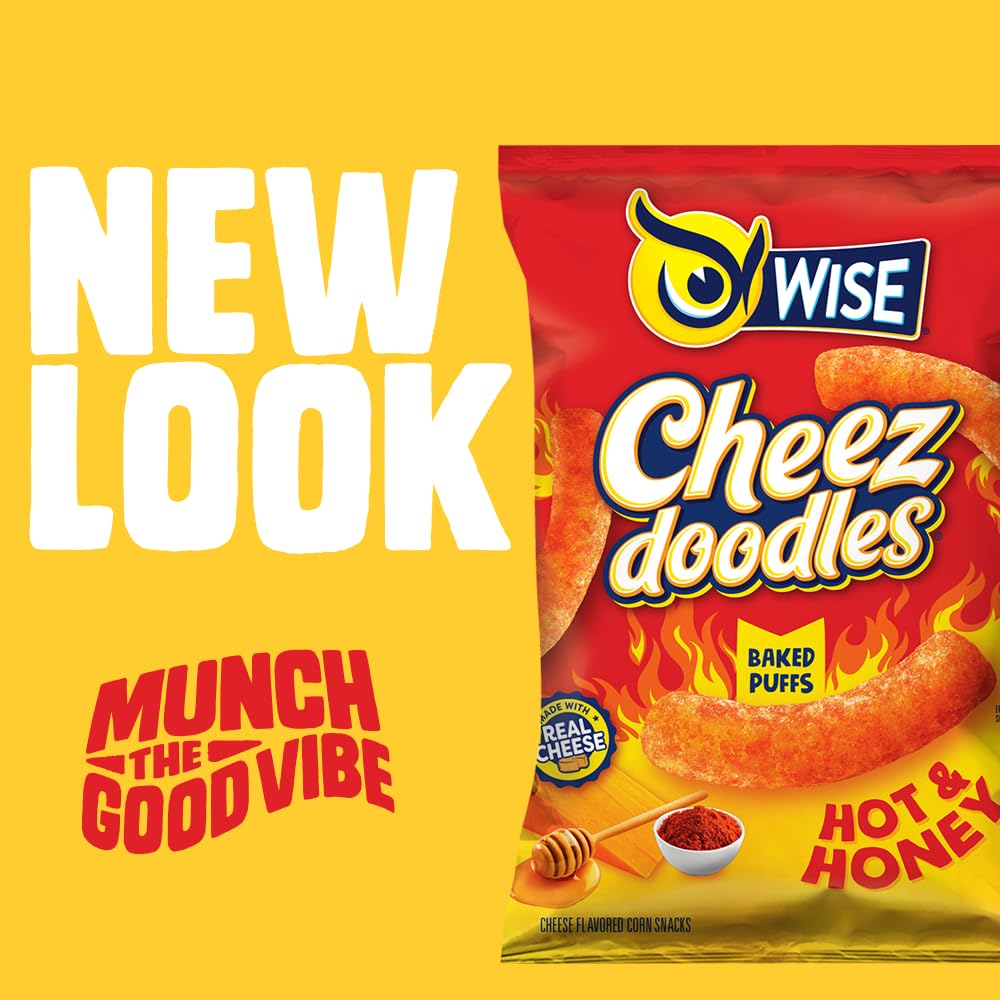 Wise Snacks Cheez Doodles – Bocadillos horneados, calientes y miel, bolsas individuales de tamaño de aperitivos, aperitivos escolares y de Halloween
