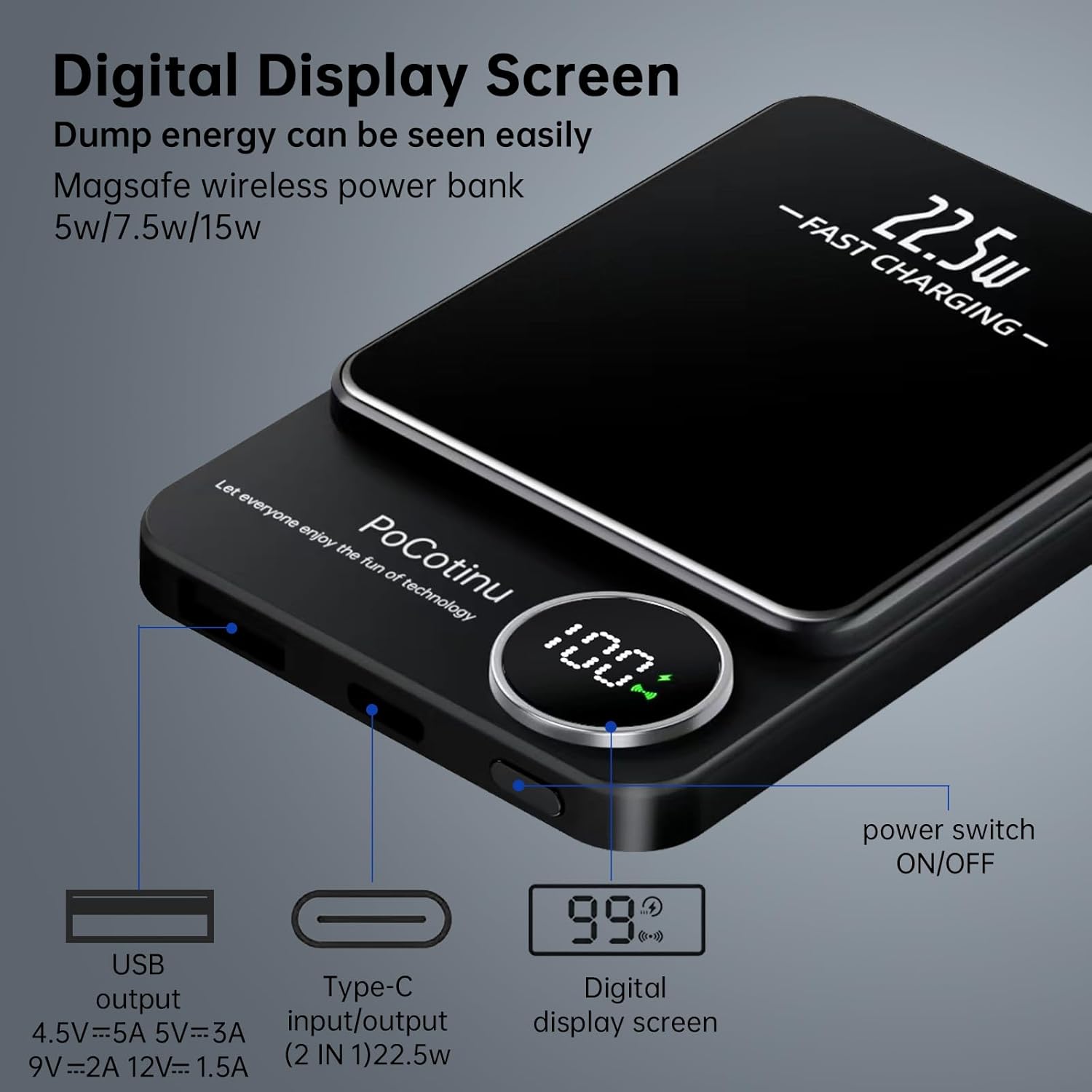 Banco de energía magnético de 10000 mAh, batería inalámbrica de 22.5 W de carga rápida compatible con Mag-Safe, cargador portátil con pantalla