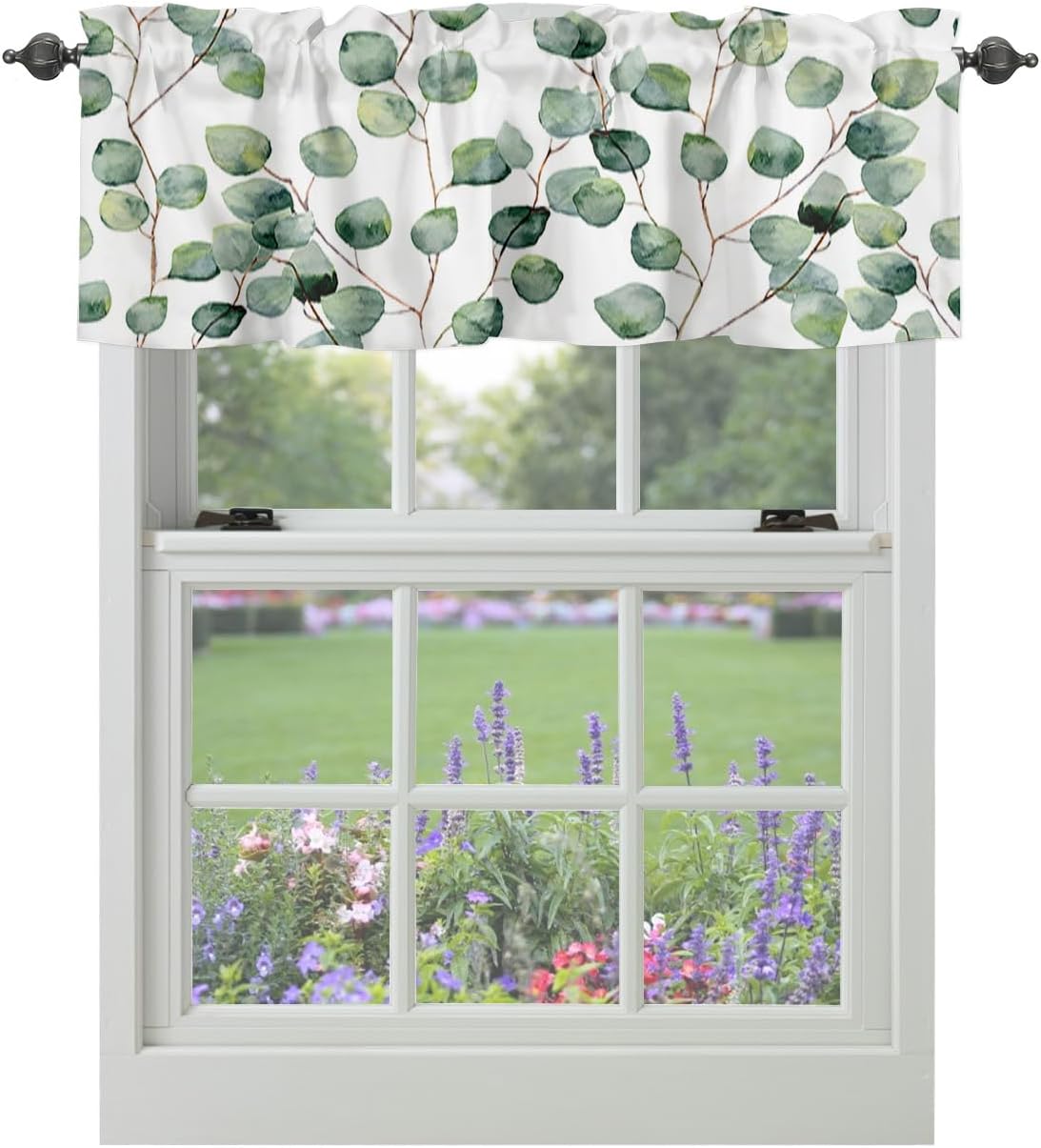 Vandarllin Cortinas de cocina de hojas de eucalipto en acuarela para ventanas, cortinas de verano con bolsillo para cortinero verde y blanco,