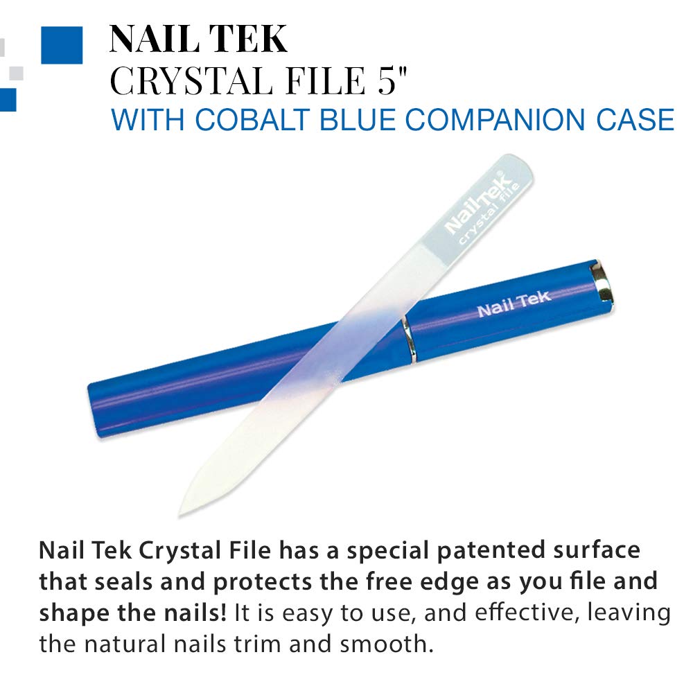 Nail Tek Lima de cristal de doble cara con estuche compañero azul cobalto, lima mediana de 5 pulgadas, lima profesional para manicura y pedicura,