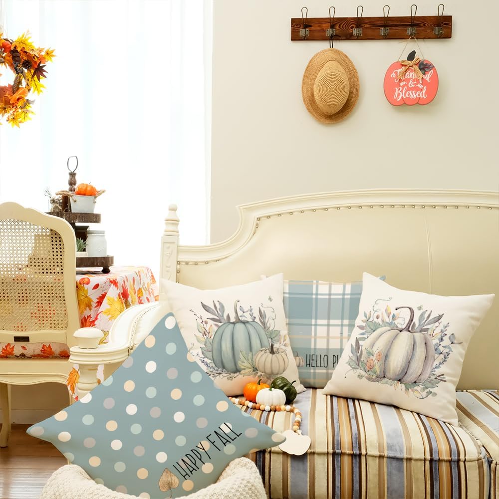 Juego de 4 fundas de almohada de otoño de 20 x 20 pulgadas, diseño de búfalo a rayas, lunares, calabazas, hojas, decoración de interiores,