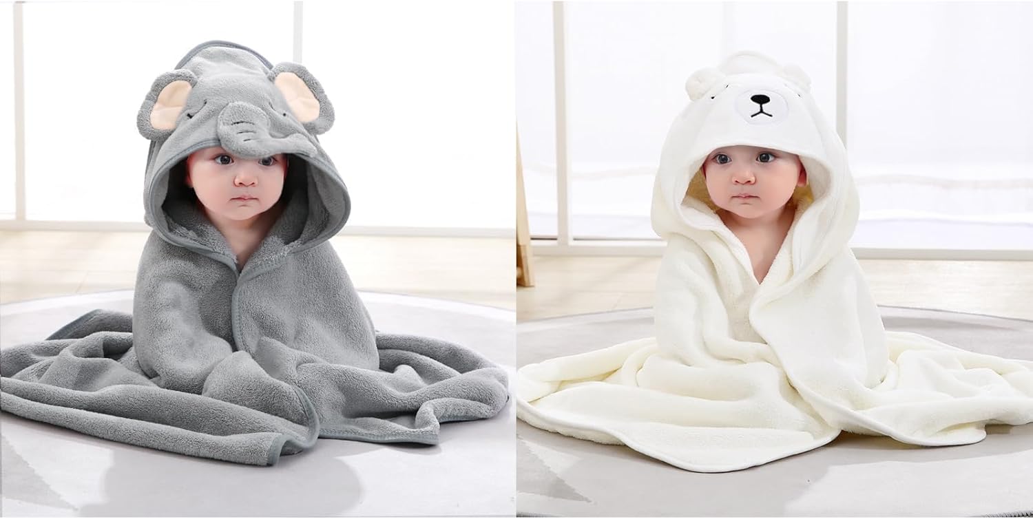 kmilro Toalla con capucha para bebé, paquete de 2 toallas esenciales para bebé para niño y niña con 31.5 x 31.5 pulgadas y 2 diseños diferentes,