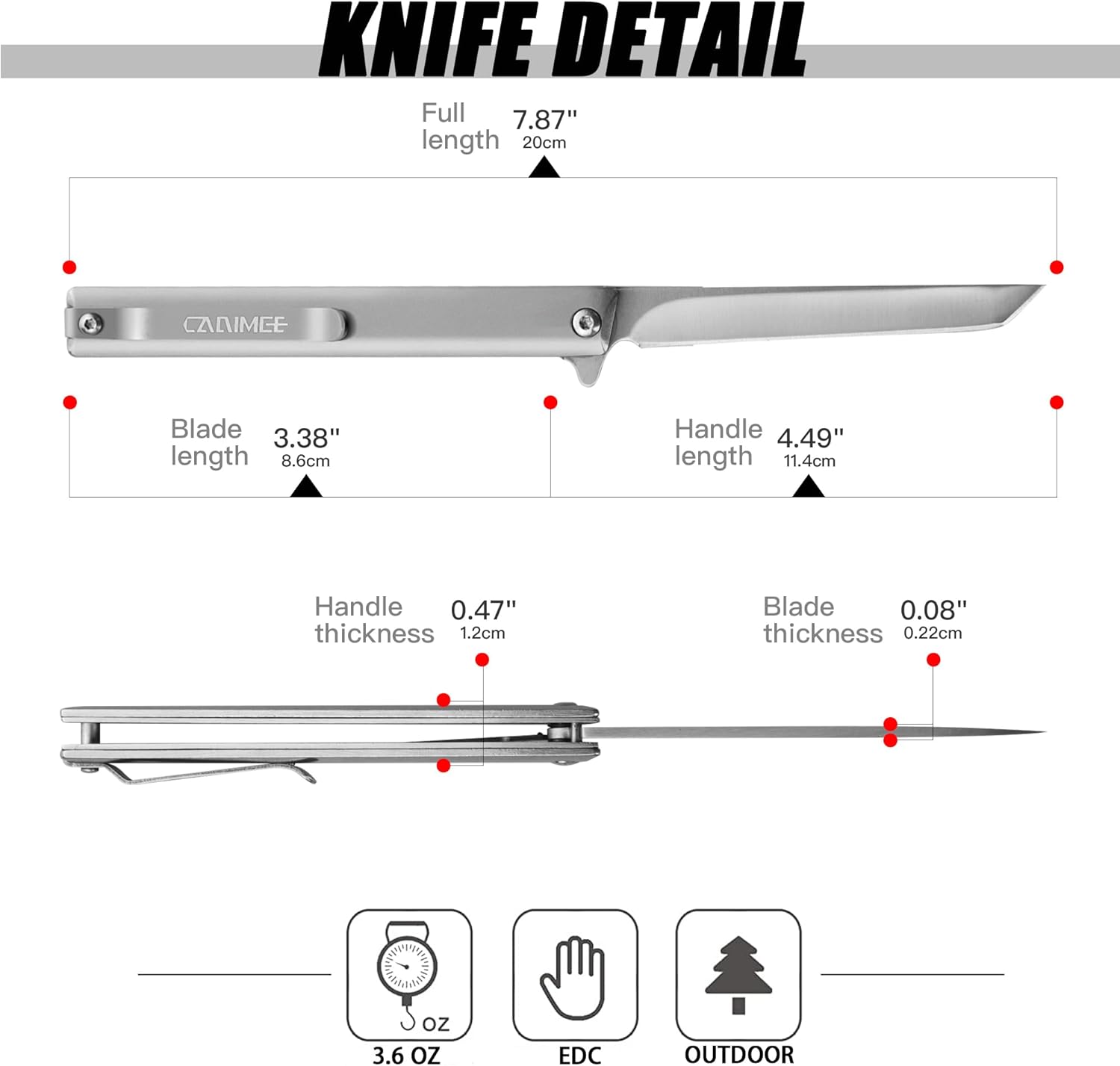 Carimee Cuchillo plegable de bolsillo, hoja de acero D2, clip de bolsillo, funda de cuero, cuchillo delgado EDC para caballero para acampar al aire