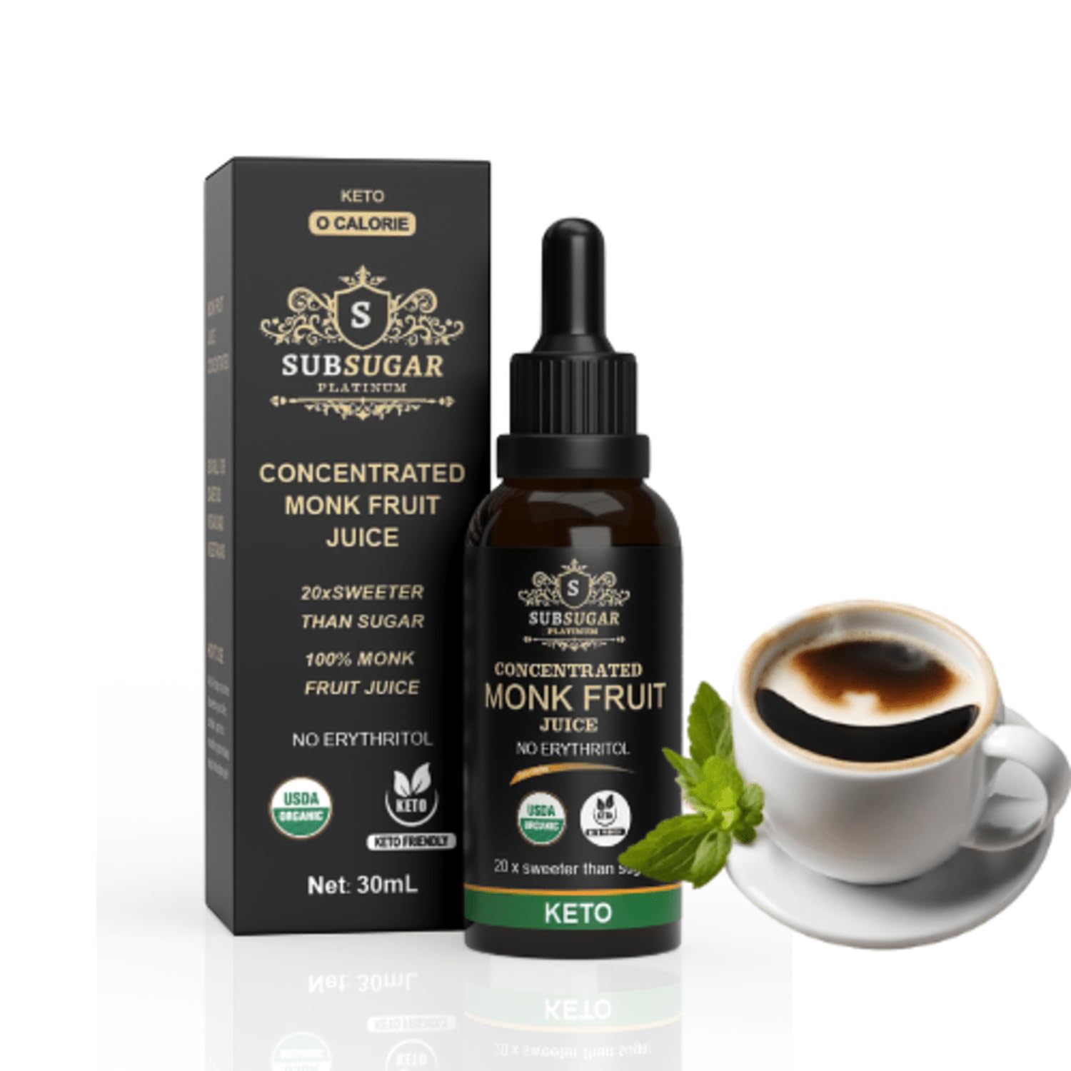 SubSugar Gotas de fruta de monje edulcorante líquido puro de fruta de monje sin eritritol jarabe concentrado alternativo de azúcar cero calorías,