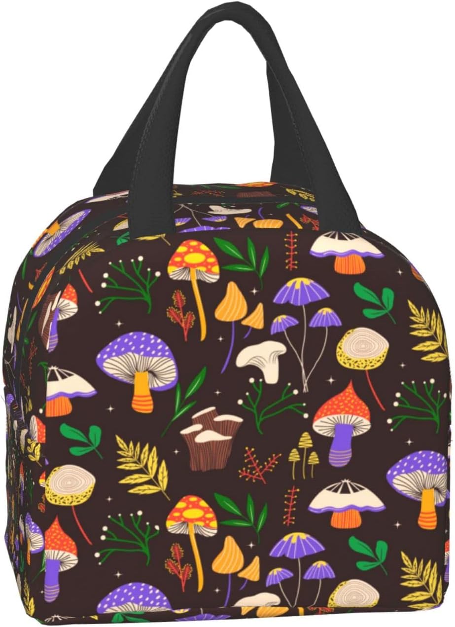 Lonchera con diseño de hongos de color, pequeña, aislada, con bolsillo frontal, estética, lonchera, congelable, para mujeres y hombres