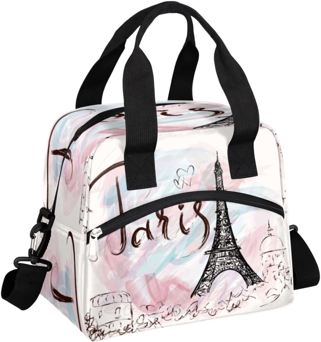 Bolsa de almuerzo con aislamiento térmico de la Torre Eiffel de París, para mujeres, hombres, niñas, niños, romántica bolsa de almuerzo con correa