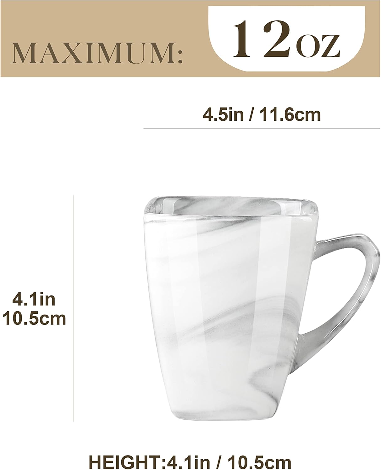 MALACASA Juego de tazas de café, tazas cuadradas de porcelana de 12 onzas, juego de 6, tazas de té de mármol con asa para expreso, capuchino, té y