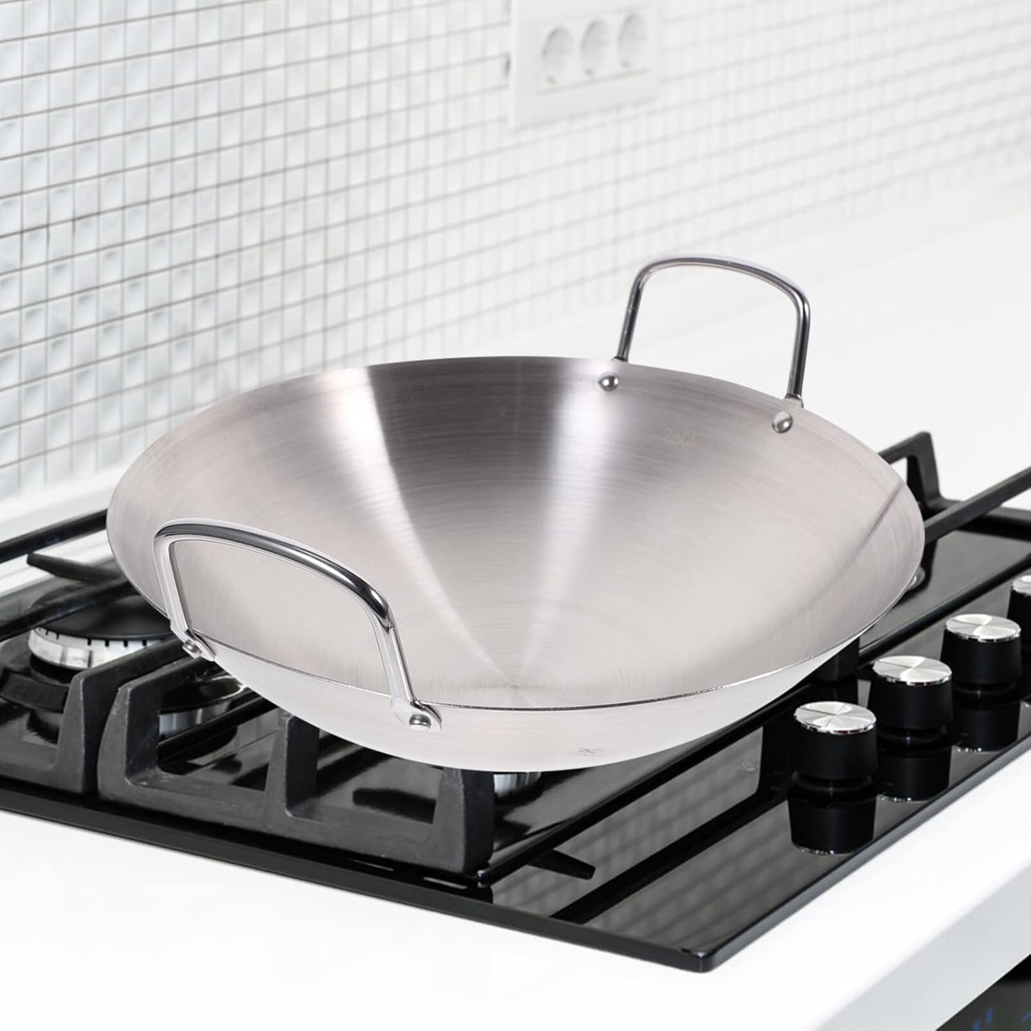 Luxshiny Sartén de acero inoxidable para wok, sartén de 10.2 in, estilo tradicional, utensilios de cocina antiadherentes con doble asa para