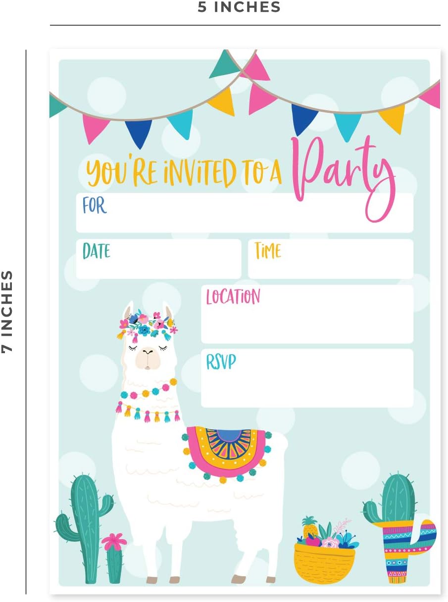 Canopy Street Invitación de fiesta de relleno de llama, 25 invitaciones y sobres de cumpleaños de fiesta de llama, invitación de alpaca plana de 5 x