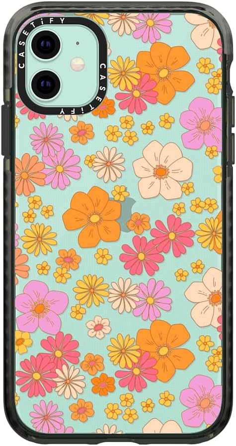CASETiFY Impact – Funda para iPhone 11, diseño retro bohemio de flores hippie (6070 con diseño floral sobre fondo transparente), color negro