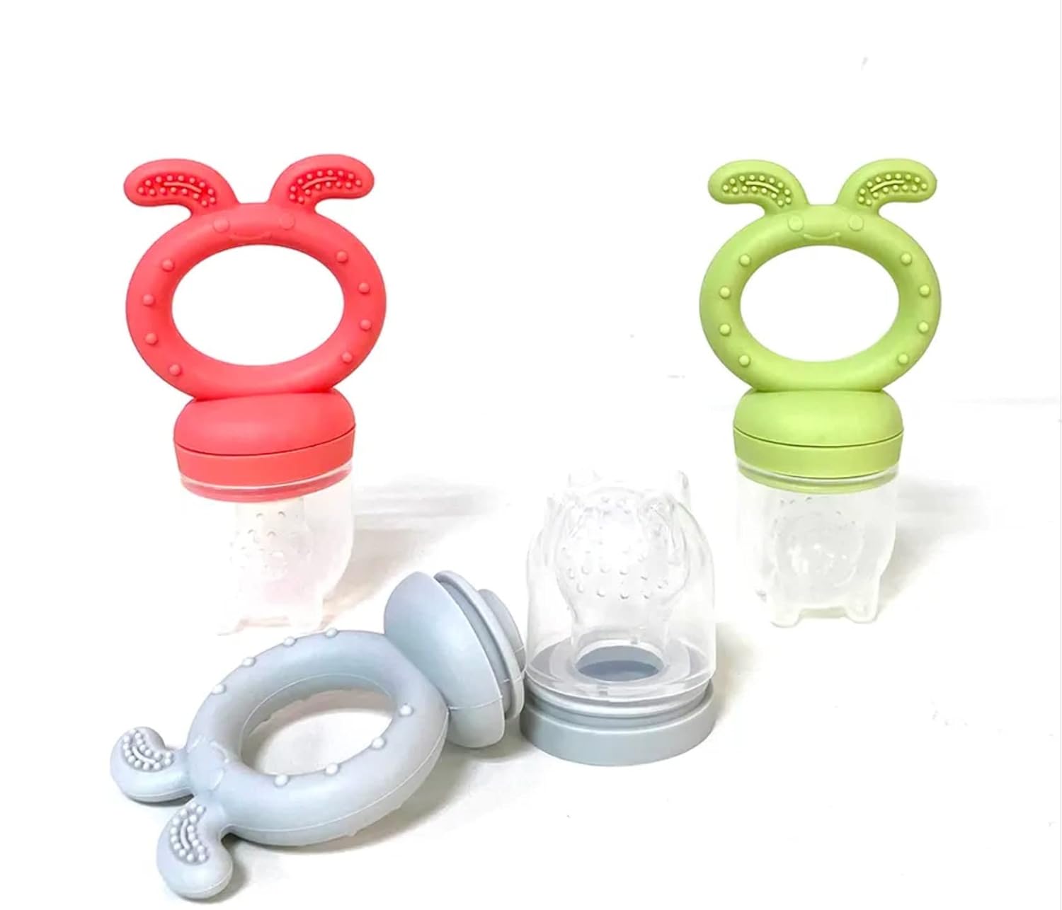 Chupete de silicona sin BPA para dentición de frutas frescas con tres tamaños diferentes de pezón, tapa de chupete y funda protectora en rosa, gris