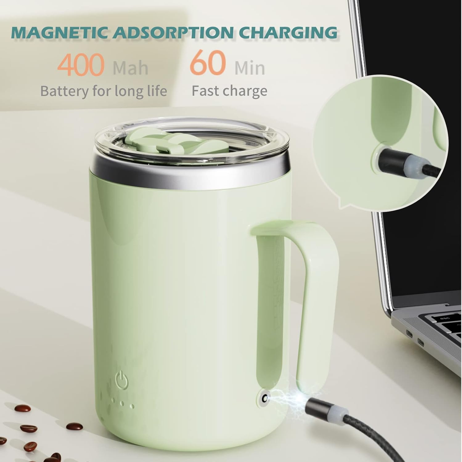 Taza autoagitación recargable – Carga de absorción magnética  IPX7  Taza de acero inoxidable de mezcla automática eléctrica de 13.5 fl oz13.5 oz