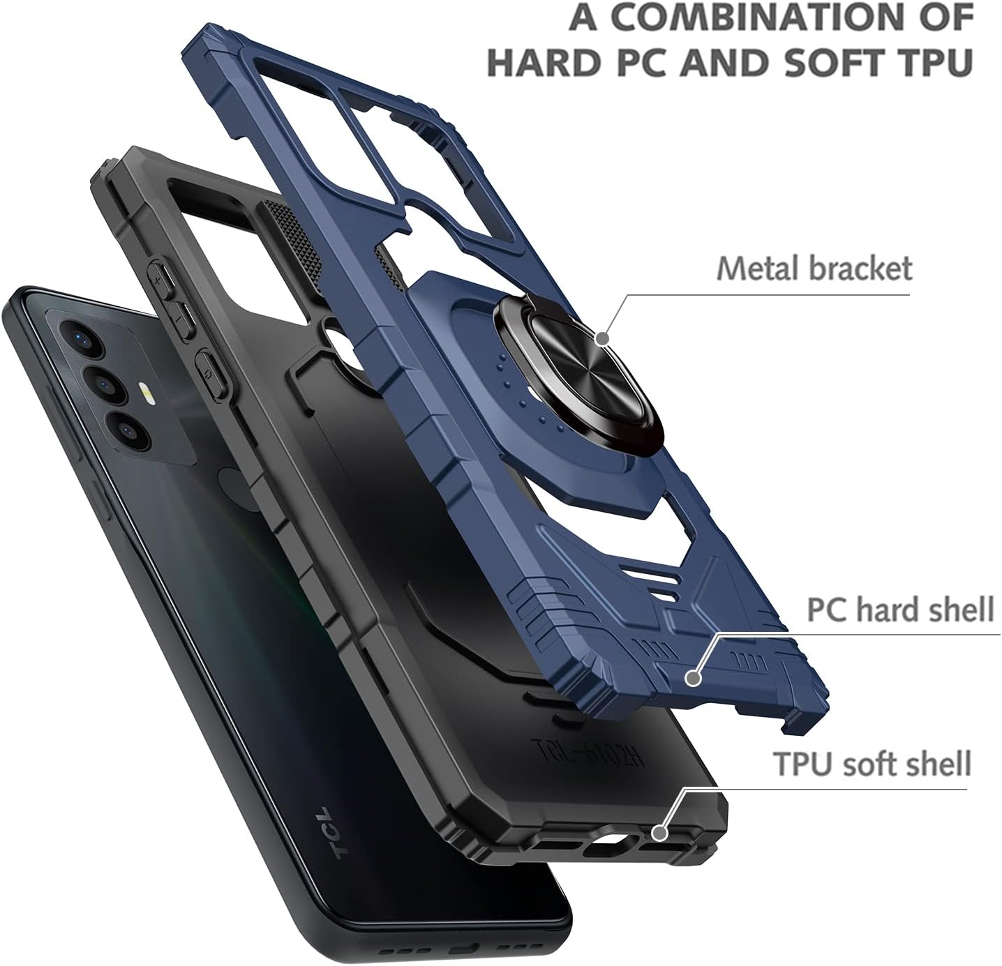 OWMGTS Funda para TCL 30SE con protector de pantalla, de goma a prueba de golpes, soporte magnético para automóvil, función atril incorporado, funda