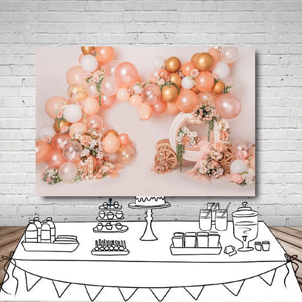 MEHOFOND Fondo de globo rosa y dorado de 7 x 5 pies para primer cumpleaños, decoración de fiesta de primer cumpleaños, fotografía floral, carro,