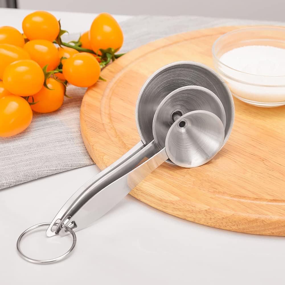 Juego de 3 mini embudos de acero inoxidable, embudos de metal para cocina, embudos sin derrames, con mango largo para transferir líquidos de aceite