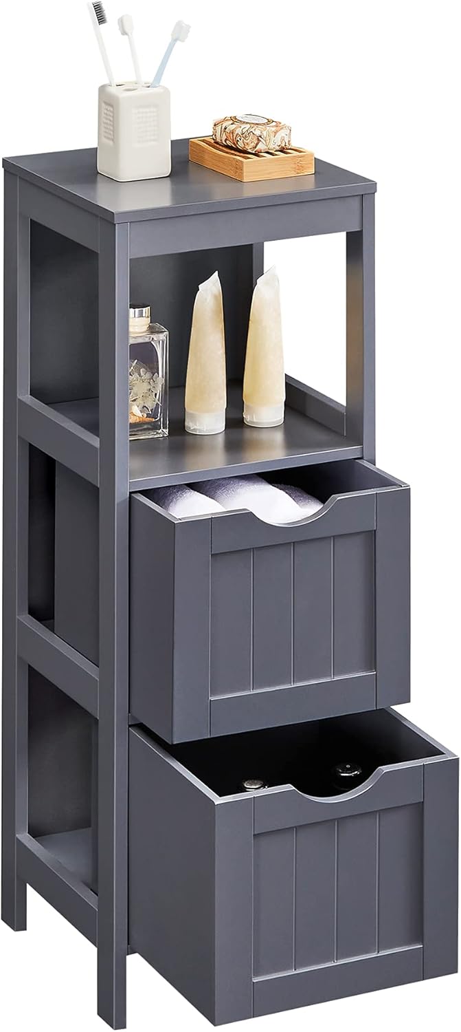 VASAGLE Gabinete de piso de baño, organizador de almacenamiento de baño, unidad de esquina multifuncional, 2 cajones, gris UBBC042G01