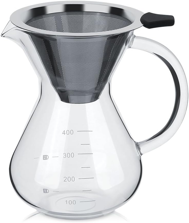 Glass Hand Drip Coffee Maker Pot with Stainless Steel Permanent Filter – 400ML with Scale