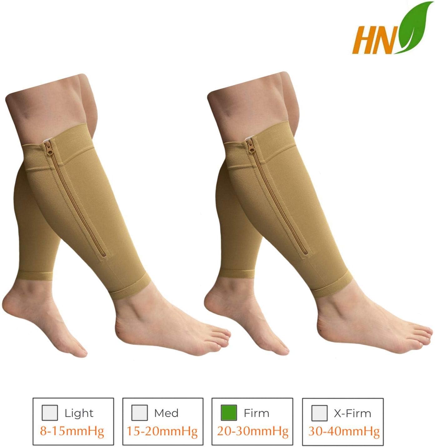 Shin Footless 20-30 mmHg Cremallera Pierna de compresión Pantorrilla 2 Pares Manga, Combo beige