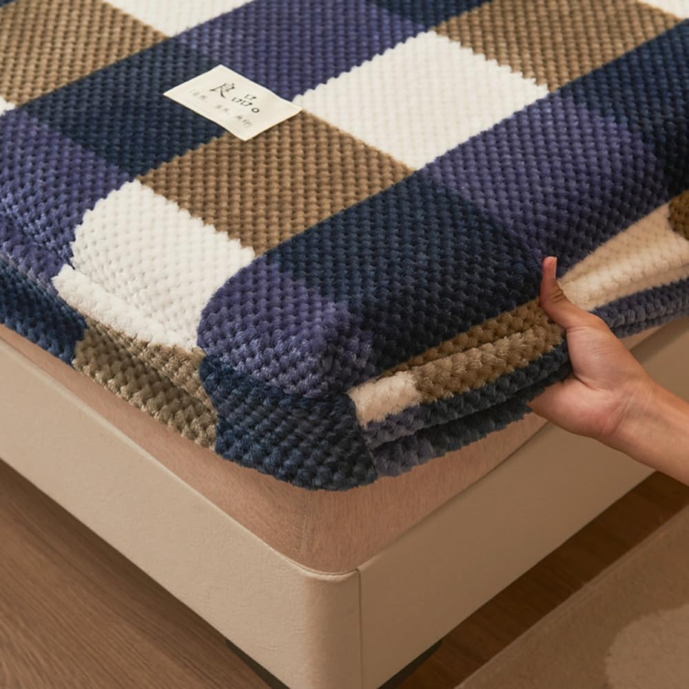 Mengersi Juego de sábanas de felpa de terciopelo, juego de sábanas simples con estampado de vellón a cuadros, acogedoras y cálidas (Queen, azul)