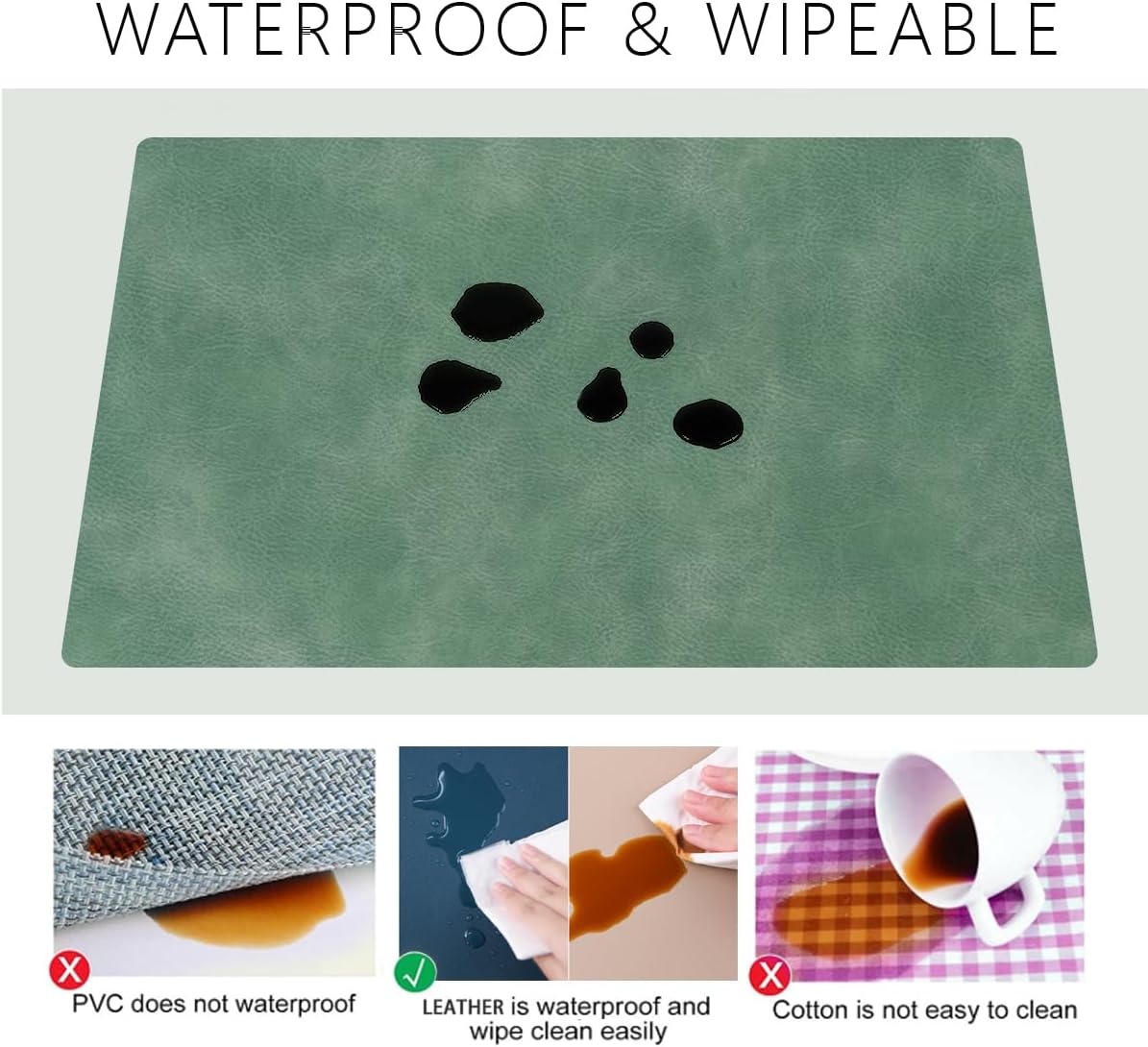 Juego de 4 manteles individuales reutilizables de piel sintética para mesa de comedor, 12 x 17 pulgadas, resistentes al agua y a las manchas,